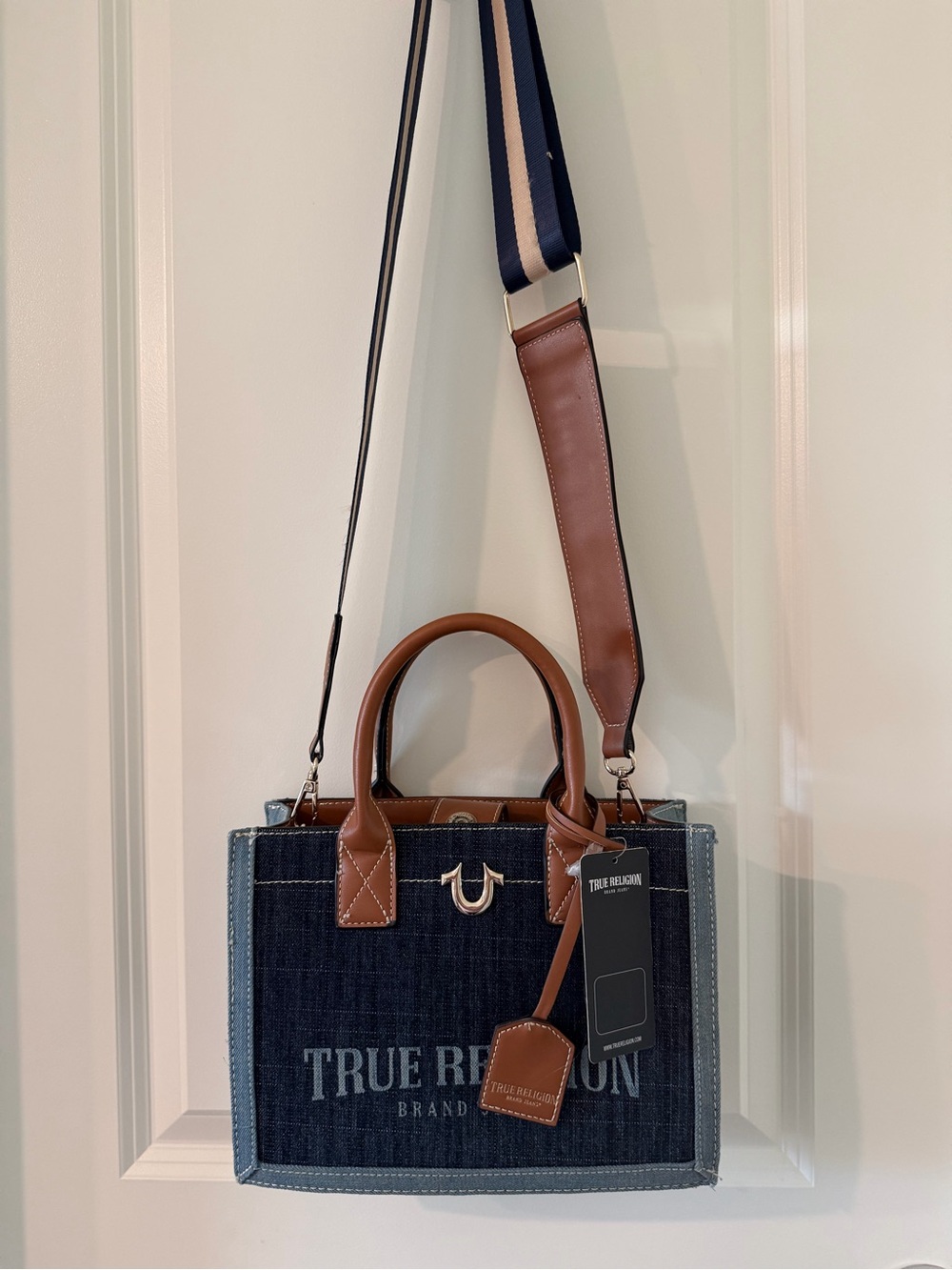 True Religion Navy Denim Tote with Tan Leather Handles - Picture 8 of 10